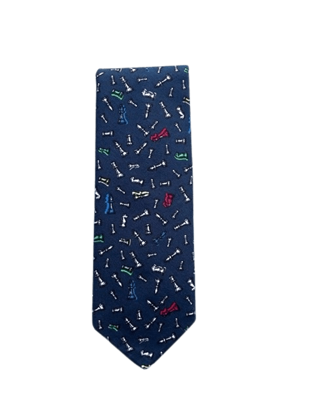 Cravate fine bleu à motif pièces  jeu d'échecs (finition à la main)