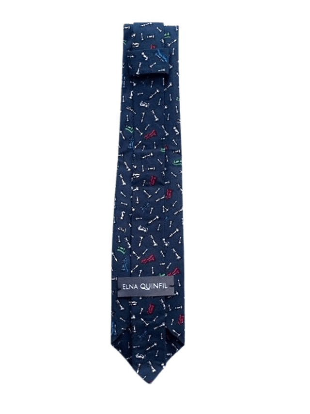 Cravate fine bleu à motif pièces  jeu d'échecs (finition à la main)