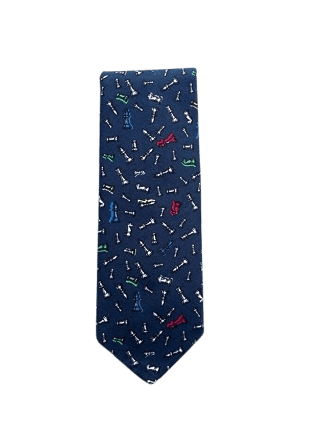 Cravate fine bleu à motif pièces  jeu d&#039;échecs (finition à la main)